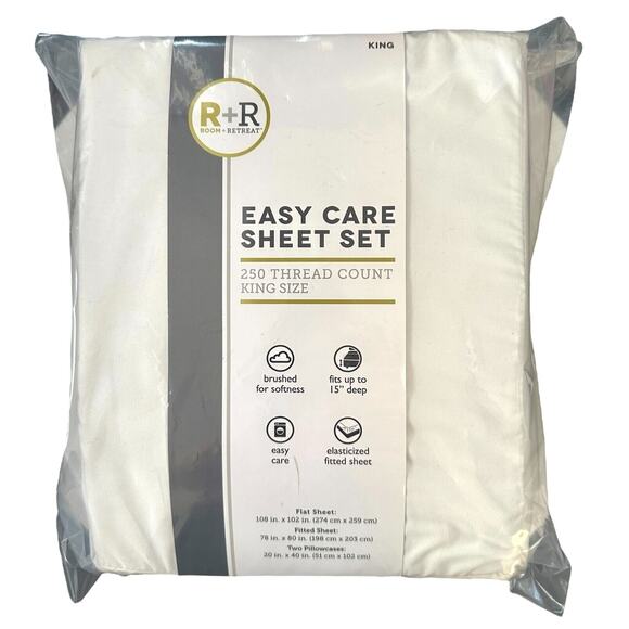 R+R Room + Retreat 250 Thread Count Easy Care Sheet Set KING Size White Set of 4 - Picture 1 of 3